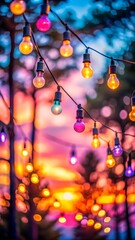 Magical twilight sky illuminated by colorful string lights in a dreamy outdoor setting