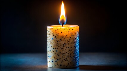 A single lit candle with a textured surface illuminates a dark background