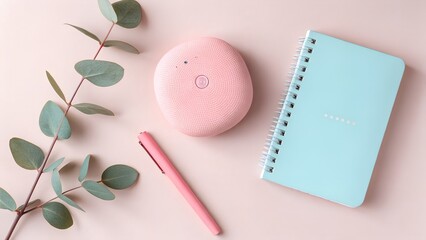 Aesthetic flat lay of a pink facial cleansing brush pen and blue notebook with eucalyptus