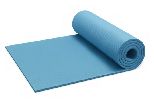 Rolled yoga mat resting on a transparent background, perfect for yoga or pilates workouts, enhancing fitness and wellness routines