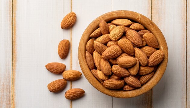 almonds in wooden bowl overhead view