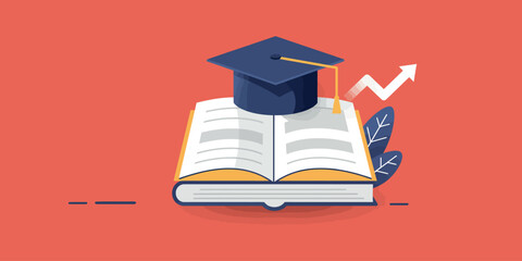 Education growth concept with graduation cap and open book on red background