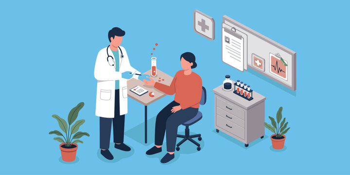 Doctor performing blood test on patient in clinical setting with medical equipment and charts