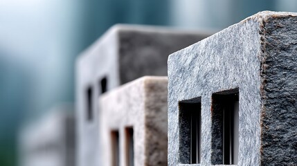 Miniature city buildings in grayscale, textured and detailed