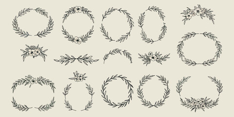 Hand drawn botanical floral wreath set for elegant designs and decor