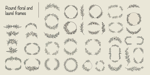Elegant round floral and laurel frames collection for decorative designs