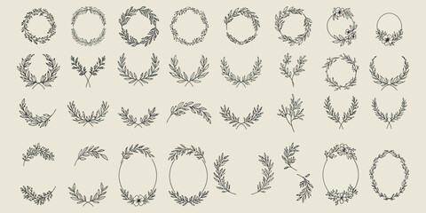 Elegant hand-drawn floral wreath and laurel collection for design projects