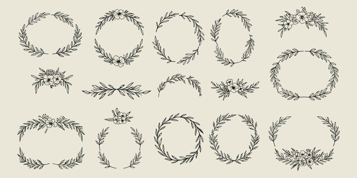 Hand drawn botanical floral wreath set for elegant designs and decor