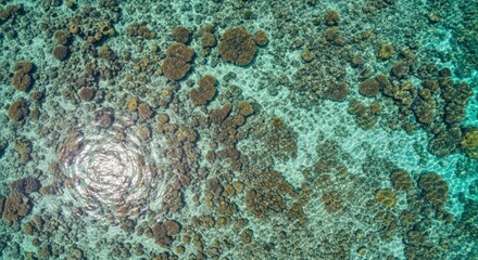 Aerial View of Vibrant Coral Reef with Sunlit Swirl