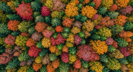 Aerial View of Vibrant Autumn Forest with Diverse Tree Colors and Textures