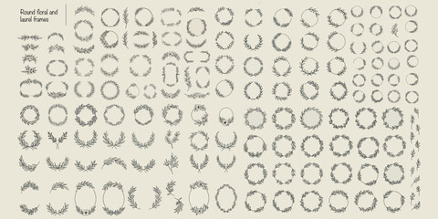 Elegant collection of floral and laurel wreath frames in delicate line art style