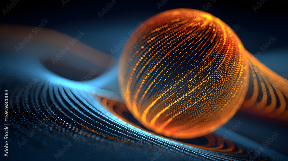 Poster glowing orange sphere is surrounded by a blue background. the sphere is surrounded by a series of gl