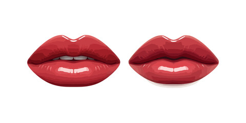 Realistic glossy red lips set on white background