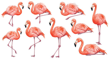 Fototapeta premium Elegant flamingo collection on white background in watercolor style
