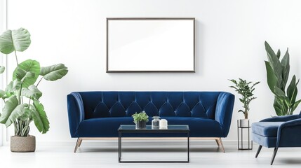 Modern living room scene with a deep blue velvet sofa and plants.