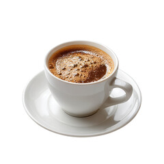 Freshly brewed coffee served in a white cup on a saucer with creamy foam on top