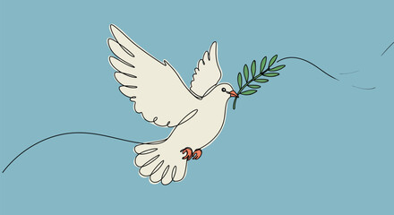 Obraz premium Dove with olive branch in continuous line art on light blue background