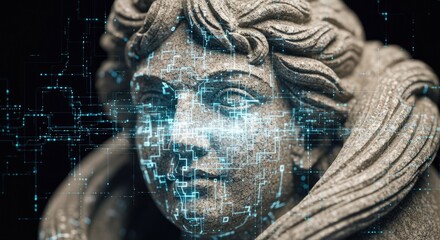 Ancient Statue with Digital Overlay: Technology and Classical Art Fusion