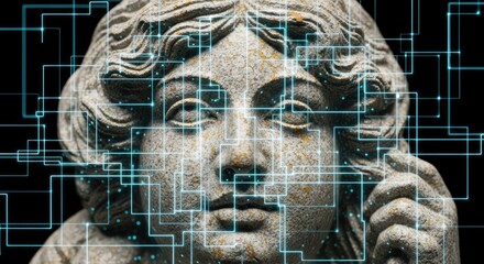 Ancient Sculpture with Digital Overlay, Close-up of a Face