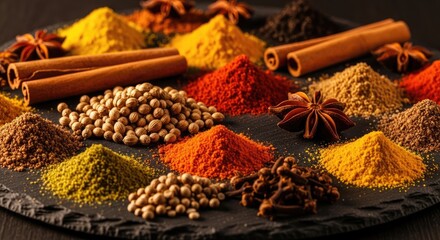 Aromatic Spices: Cinnamon, Star Anise, and Colorful Powders on Dark Slate
