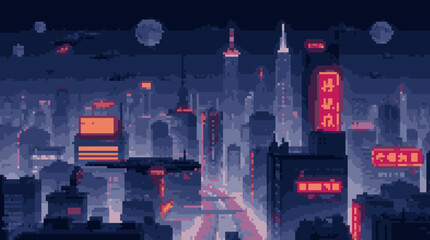 Pixel Art Cyberpunk Cityscape with Neon Lights and Moon