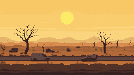 Pixelated Desert Road Trip at Sunset