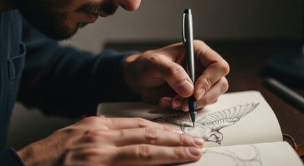 Artist's hands drawing a bird in a sketchbook with a pen, focused and creative