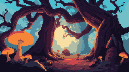 Pixelated Enchanted Forest Glade with Glowing Mushrooms