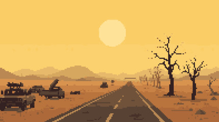 Post-Apocalyptic Pixel Art Desert Road with Wrecked Vehicles