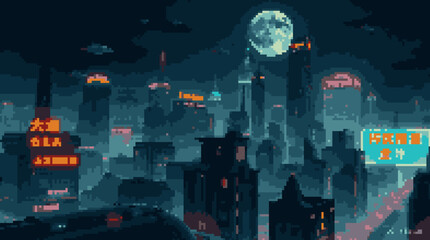 Pixelated Cyberpunk Cityscape at Night with Moon