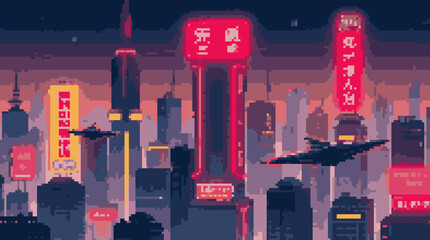 Pixel Art Cyberpunk Cityscape with Flying Vehicles