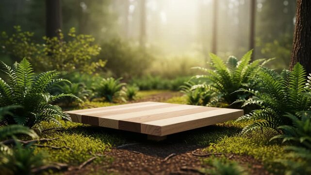 Wooden platform in forest clearing, surrounded by ferns, perfect for product display or serene nature showcase.