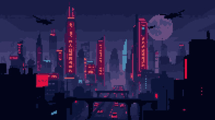 Pixelated Neon Cityscape: Nighttime Metropolis with Flying Vehicles