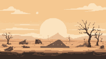 Pixel Art Desert Landscape with Setting Sun and Sparse Vegetation