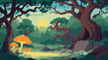 Pixel Art Forest Scene with Mushrooms at Sunset
