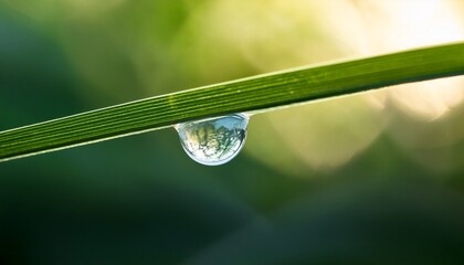 delicate water drop on a leaf reflecting the surroundings
