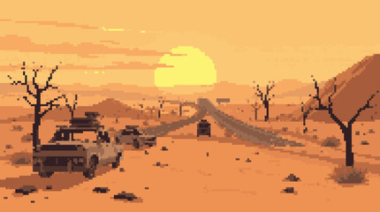 Pixelated Wasteland: Cars, Desert, Sun, and Survival