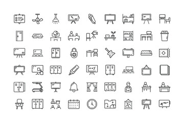 School and Classroom Related Icon Set in Black and White Outline Style