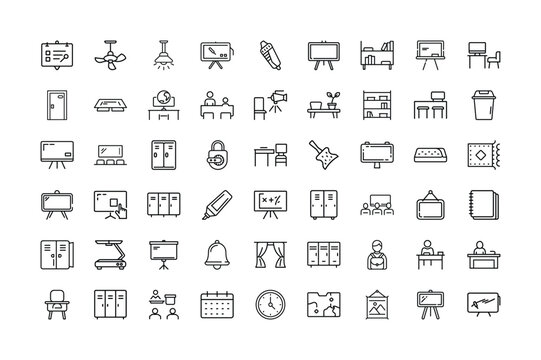 School and Classroom Related Icon Set in Black and White Outline Style