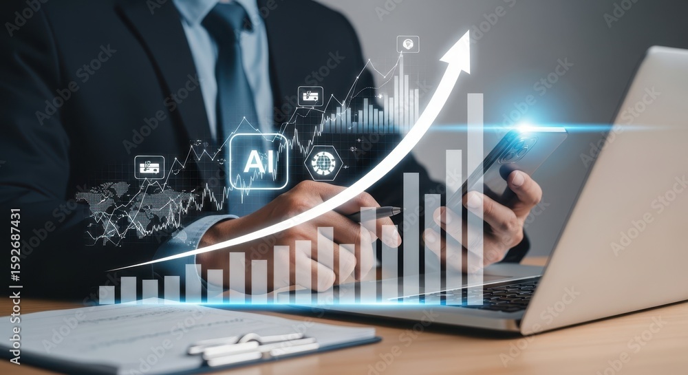 Poster ai-powered business growth: man analyzing financial data on laptop with rising graph, artificial int