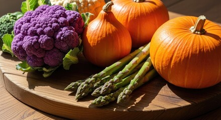 Autumn Harvest Bounty Displayed on Rustic Wooden Board