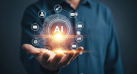 Photo of a man holds a glowing digital brain icon representing artificial intelligence, surrounded by icons for communication, data, and business growth