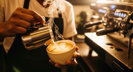 Barista's Art: Steaming Milk Poured into Latte, Creating Beautiful Coffee Art