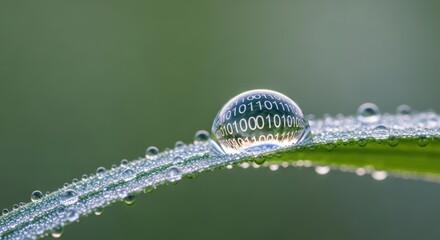 Binary Code Reflected in a Water Droplet on a Green Leaf