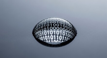 Binary Code Reflected in a Water Droplet on a Gray Surface, Macro Shot