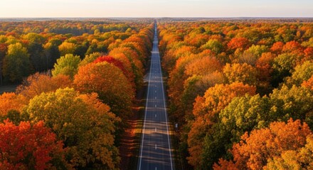 Autumnal Road: A Straight Highway Cuts Through Vibrant Fall Foliage Canopy