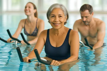 A dynamic aquabike scene with three adults in a pool. In the foreground, a mature woman, smiling. Behind her, a younger woman and a man are focused on their workout. © Neyriss