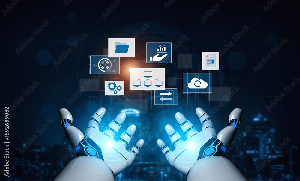 Poster ai coordinating business infrastructure, managing digital systems, synchronizing cloud platforms, an