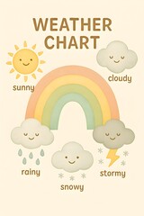 Rainbow Weather Chart for Preschool – Watercolor Sunny, Rainy, Cloudy, Snowy, Stormy Kids Educational Poster, A4 Printable