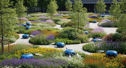 Automated Watering Robots in a Vibrant Flower Garden with Modern Architecture